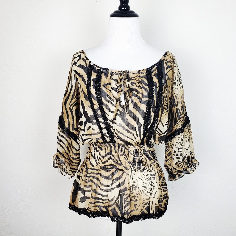 Guess Blouse Top Tiger Sheer Lace Keyhole Blouson Y2K Peasant Mob Wife Boho Tan